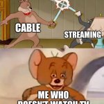 i dont watch tv anymore, no regrets | CABLE; STREAMING; ME WHO DOESN'T WATCH TV | image tagged in tom and jerry swordfight | made w/ Imgflip meme maker