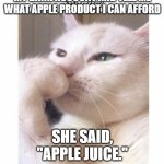 Apple products | I ASKED ALEXA TO CHECK MY BANK ACCOUNT AND TELL ME WHAT APPLE PRODUCT I CAN AFFORD; SHE SAID, "APPLE JUICE." | image tagged in smudge | made w/ Imgflip meme maker