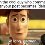 so long partner | When the cool guy who commented under your post becomes [deleted] | image tagged in so long partner | made w/ Imgflip meme maker