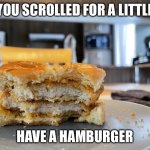 Hamburger | YOU SCROLLED FOR A LITTLE; HAVE A HAMBURGER | image tagged in hamburger | made w/ Imgflip meme maker