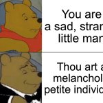 Tuxedo Winnie The Pooh | You are a sad, strange little man; Thou art a melancholy, petite individual | image tagged in memes,tuxedo winnie the pooh,classic literature is hard,you are a sad strange little man,they call me pooh winnie the pooh | made w/ Imgflip meme maker