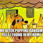 This is fine | ME AFTER POPPING RANDOM PILLS I FOUND IN MY HOME | image tagged in this is fine | made w/ Imgflip meme maker