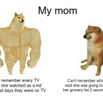 Buff Doge vs. Cheems | My mom; Can remember every TV show she watched as a kid and what days they were on TV; Can't remember what she said she was going to put on her grocery list 2 seconds ago. | image tagged in memes,buff doge vs cheems | made w/ Imgflip meme maker