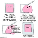 Anyone else relate to this? | You know, I'm still kind of introverted; Maybe I should try putting myself out there more and get into more friend groups; *gets insulted/mocked and have my confidence and self esteem completely destroyed* | image tagged in pink blob in the box | made w/ Imgflip meme maker