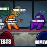 Among us blame | STUDENTS; STUDENTS; SCHOOLS BLAMING THINGS FOR STRESS; VIDEOGAMES; PARENTS; TESTS; HOMEWORK | image tagged in among us blame | made w/ Imgflip meme maker