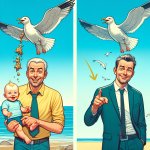 A seagull pooping on a baby's head then the same seagull but sho