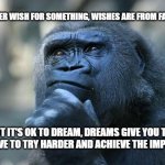 Deep Thoughts | DON'T EVER WISH FOR SOMETHING, WISHES ARE FROM FAIRY TALES; BUT IT'S OK TO DREAM, DREAMS GIVE YOU THE INCENTIVE TO TRY HARDER AND ACHIEVE THE IMPOSSIBLE | image tagged in deep thoughts | made w/ Imgflip meme maker