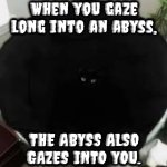 The Abyss | When you gaze long into an abyss, THE ABYSS ALSO GAZES INTO YOU. | image tagged in the void,black cat,abyss,spooky,stealth,hello darkness my old friend | made w/ Imgflip meme maker