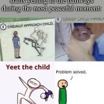 No peace around here. | Me when some random kid starts yelling in the hallways during the most peaceful moment: | image tagged in approach child grasp child yeet child problem solved,school,hallways,relatable,funny | made w/ Imgflip meme maker