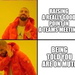 Typical, firgures | RAISING A REALLY GOOD POINT IN A TEAMS MEETING; BEING TOLD YOU ARE ON MUTE | image tagged in drake yes no reverse,typical,figures,fml | made w/ Imgflip meme maker