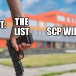 School shooting | THE LIST; SCP WIKI:; DR BRIGHT: | image tagged in school shooting,weewoo | made w/ Imgflip meme maker