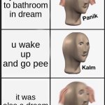 Panik Kalm Panik | you went to bathroom in dream; u wake up and go pee; it was also a dream | image tagged in memes,panik kalm panik | made w/ Imgflip meme maker