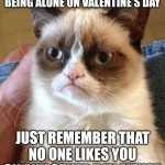 Valentine's Day | IF YOU'RE SAD ABOUT BEING ALONE ON VALENTINE'S DAY; JUST REMEMBER THAT NO ONE LIKES YOU ON ANY OTHER DAY EITHER | image tagged in memes,grumpy cat,valentine's day,alone | made w/ Imgflip meme maker