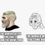 Before vs after | THE BURGER WHEN
YOU COME HOME; THE BURGER AFTER
YOU TAKE IT FROM THE DRIVE THRU | image tagged in before vs afrer | made w/ Imgflip meme maker