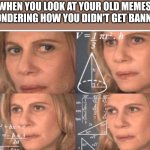 Math lady/Confused lady | WHEN YOU LOOK AT YOUR OLD MEMES WONDERING HOW YOU DIDN'T GET BANNED | image tagged in math lady/confused lady,memes,funny | made w/ Imgflip meme maker