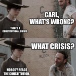 Rick and Carl | CARL, WHAT'S WRONG? THERE'S A CONSTITUTIONAL CRISIS. WHAT CRISIS? NOBODY READS THE CONSTITUTION. | image tagged in memes,rick and carl | made w/ Imgflip meme maker