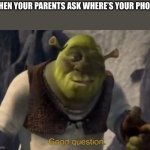 Shrek good question | WHEN YOUR PARENTS ASK WHERE’S YOUR PHONE | image tagged in shrek good question | made w/ Imgflip meme maker