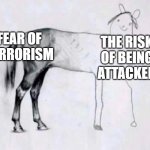 Fear is sometimes more dangerous than the actual threat. | FEAR OF TERRORISM; THE RISK OF BEING ATTACKED | image tagged in horse drawing | made w/ Imgflip meme maker