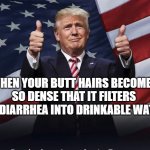 Saving Kids in Africa: The Movie | WHEN YOUR BUTT HAIRS BECOMES SO DENSE THAT IT FILTERS THE DIARRHEA INTO DRINKABLE WATER: | image tagged in donald trump thumbs up,thumbs up,butt,diarrhea,water,random bullshit go | made w/ Imgflip meme maker