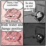 Me, at night. | So shut up and go to sleep; Damn, I feel comfortable; We must drink water and change position | image tagged in brain before sleep | made w/ Imgflip meme maker