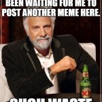 We are all patience... | GLAD THAT YOU'VE BEEN WAITING FOR ME TO POST ANOTHER MEME HERE. SUCH WASTE | image tagged in memes,the most interesting man in the world,waiting | made w/ Imgflip meme maker