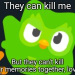 We learned to love learning | They can kill me; But they can't kill our memories together, lover | image tagged in duo rizz,memes,duolingo,happy valentine's day,mascot murder,memories | made w/ Imgflip meme maker