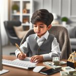 Cute millionaire boy sitting on the computer desk writing a book