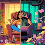 Split image. On one side, a relaxed person sitting in a comfy ch