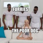 Oh no We know what's gonna happen | FURRIES; THE POOR DOG | image tagged in one girl five guys,furry,anti furry,memes,funny,zoophile | made w/ Imgflip meme maker