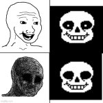 Idk why just 2 white dots make him less intimidating | image tagged in happy wojak vs depressed wojak,scary,meme,why are you reading the tags dumbass | made w/ Imgflip meme maker