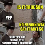 Scotty Stevenson | IS IT TRUE SON; YEP; NO FREAKN WAY SAY IT AINT SO; SORRY PA, BUT SUMOS STILL COMMENTATING ON CRICKET | image tagged in memes,rick and carl,know it all,cricket,new zealand,sumo | made w/ Imgflip meme maker