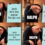 Gru's Plan Meme | Keep yapping about the signal fire to Jack; Jack let’s the signal fire go out; RALPH; RALPH; Jack burns down the whole island; Jack burns down the whole island; RALPH; RALPH | image tagged in memes,gru's plan | made w/ Imgflip meme maker