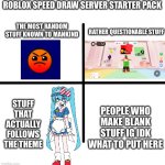 roblox speed draw | ROBLOX SPEED DRAW SERVER STARTER PACK; THE MOST RANDOM STUFF KNOWN TO MANKIND; RATHER QUESTIONABLE STUFF; PEOPLE WHO MAKE BLANK STUFF IG IDK WHAT TO PUT HERE; STUFF THAT ACTUALLY FOLLOWS THE THEME | image tagged in memes,blank starter pack | made w/ Imgflip meme maker