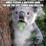 Surprised Koala Meme | WHEN YOU FIND OUT THAT VINCENT VAN GOGH COULD'VE THEORETICALLY PAINTED "A STARRY NIGHT" WHILE PLAYING A NINTENDO GAME THE DAY THE EIFEL TOWER WAS ERECTED: | image tagged in memes,surprised koala | made w/ Imgflip meme maker