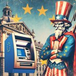 Uncle Sam with ATM machine at European Parliament