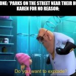 Throwing a tantrum for the dumbest reason and there's numerous videos of this | SOMEONE: *PARKS ON THE STREET NEAR THEIR HOUSE*
KAREN FOR NO REASON: | image tagged in do you want to explode,memes,karens,street,parking | made w/ Imgflip meme maker