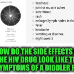 Funny | HOW DO THE SIDE EFFECTS OF THE HIV DRUG LOOK LIKE THE SAME SYMPTOMS OF A DIDDLER PARTY?? | image tagged in funny,diddy,party,side effects,same,why | made w/ Imgflip meme maker