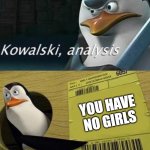 *plays sad charlie brown christmas music* | YOU HAVE NO GIRLS | image tagged in kowalski analysis,sad pablo escobar,penguins of madagascar,madagascar,lol so funny,girls | made w/ Imgflip meme maker