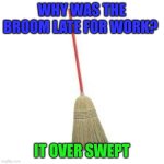 Broom late | WHY WAS THE BROOM LATE FOR WORK? IT OVER SWEPT | image tagged in broom,funny memes | made w/ Imgflip meme maker