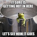 Frog in pot boiling water | IT SURE IS GETTING HOT IN HERE; LET’S SEE HOW IT GOES | image tagged in frog in pot boiling water | made w/ Imgflip meme maker