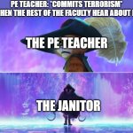 Students: *eat some popcorn* | PE TEACHER: *COMMITS TERRORISM*
WHEN THE REST OF THE FACULTY HEAR ABOUT IT:; THE PE TEACHER; THE JANITOR | image tagged in puss and boots scared,death,janitor,physics,no chill,lol so funny | made w/ Imgflip meme maker