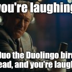 stop laughing :( | you're laughing; Duo the Duolingo bird is dead, and you're laughing | image tagged in you're laughing | made w/ Imgflip meme maker