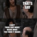 You Keep Using That Word | THAT'S GAY; I DON'T THINK THAT WORD MEANS WHAT YOU THINK IT MEANS | image tagged in you keep using that word | made w/ Imgflip meme maker