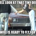 Ed bassmaster would you look at that | WELL LOOK AT THAT TINY DENT; YOUR WIFE IS READY TO FLY FOR DELTA | image tagged in ed bassmaster would you look at that | made w/ Imgflip meme maker