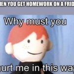 why must you hurt me this way | WHEN YOU GET HOMEWORK ON A FRIDAY | image tagged in why must you hurt me this way | made w/ Imgflip meme maker