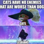 THEY EAT WHAT?! (updated version) | CATS HAVE NO ENEMIES THAT ARE WORSE THAN DOGS; CATS; LESBIANS | image tagged in puss and boots scared,cats,lesbians,lgbtq,woke | made w/ Imgflip meme maker