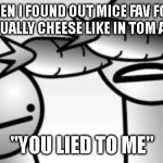 asdf you lied to me | WHEN I FOUND OUT MICE FAV FOOD ISN'T ACTUALLY CHEESE LIKE IN TOM AND JERRY; "YOU LIED TO ME" | image tagged in asdf you lied to me | made w/ Imgflip meme maker