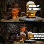 military | MILITARY EXPERIENCE; TAKING MILITARY CREDENTIALS
TO CIVILIAN WORLD | image tagged in indiana jones swap | made w/ Imgflip meme maker