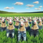 Herd of sheep wearing jeans