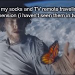 title | pov: my socks and TV remote traveling to another dimension (i haven’t seen them in two minutes) | image tagged in gifs,man touches butterfly | made w/ Imgflip video-to-gif maker